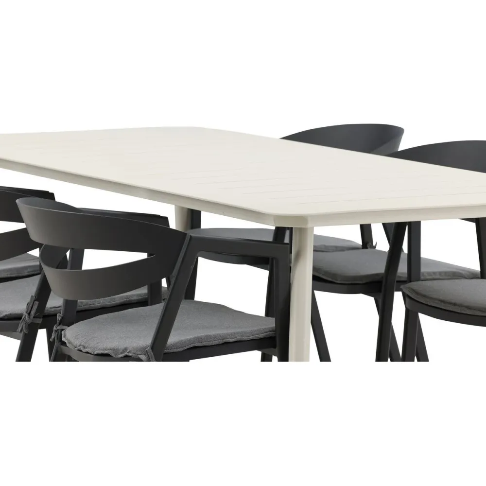 New Venture Home Ruokailuryhmä ulos , beige Lina-pöytä 200x90cm + 6 mustaa Slit-tuolia