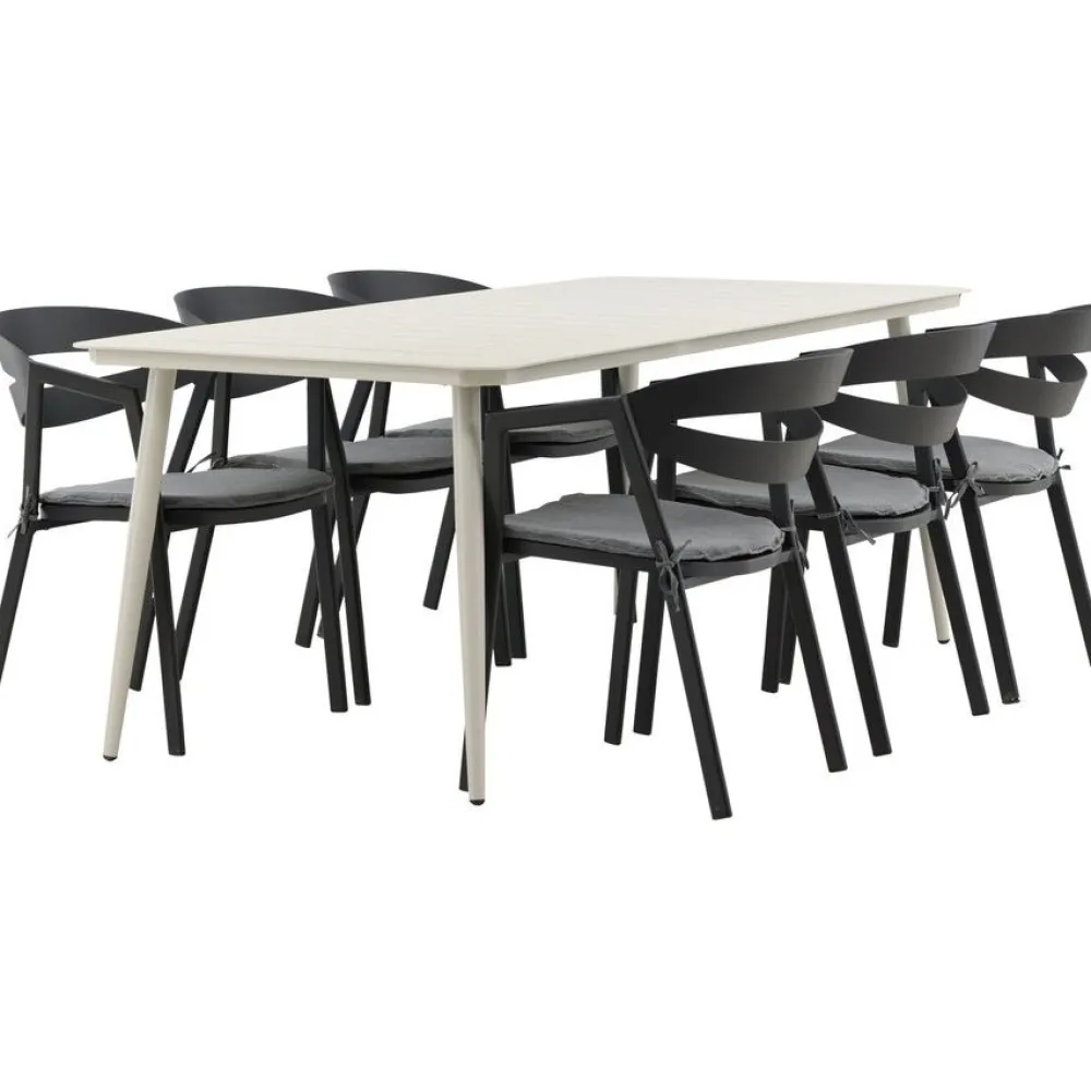 New Venture Home Ruokailuryhmä ulos , beige Lina-pöytä 200x90cm + 6 mustaa Slit-tuolia