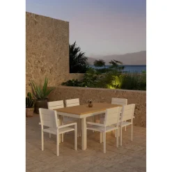 Sale Venture Home Ruokailuryhmä ulos , luonnollisenvärinen Panama-pöytä 160x90cm + 6 beigeä Levels-tuolia