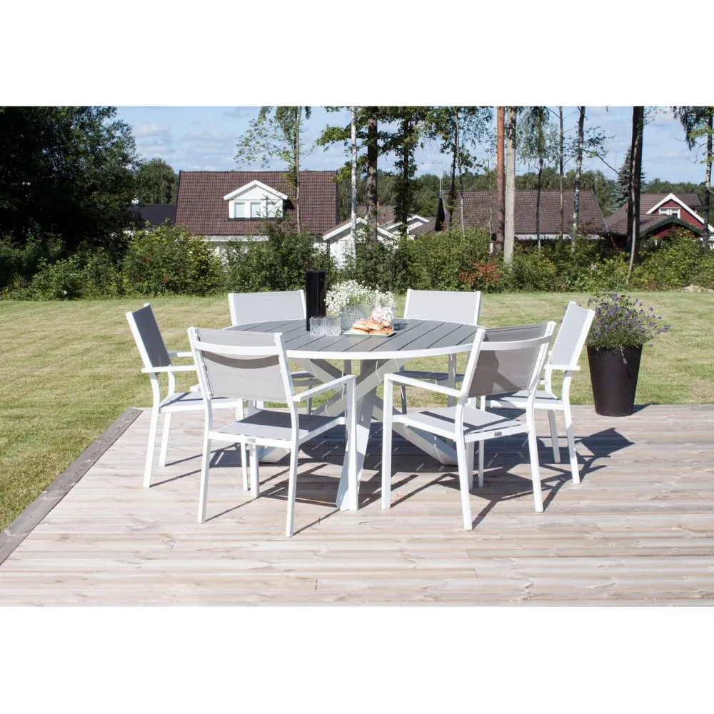 Best Venture Home Ruokailuryhmä ulos , valkoinen Parma-pöytä Ø140cm + 6 valkoharmaata Copacabana-tuolia