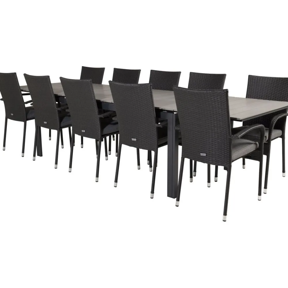 Best Venture Home Ruokailuryhmä , 229/310x100cm jatkettava harmaa/musta Levels-pöytä + 10 mustaa Anna-tuolia