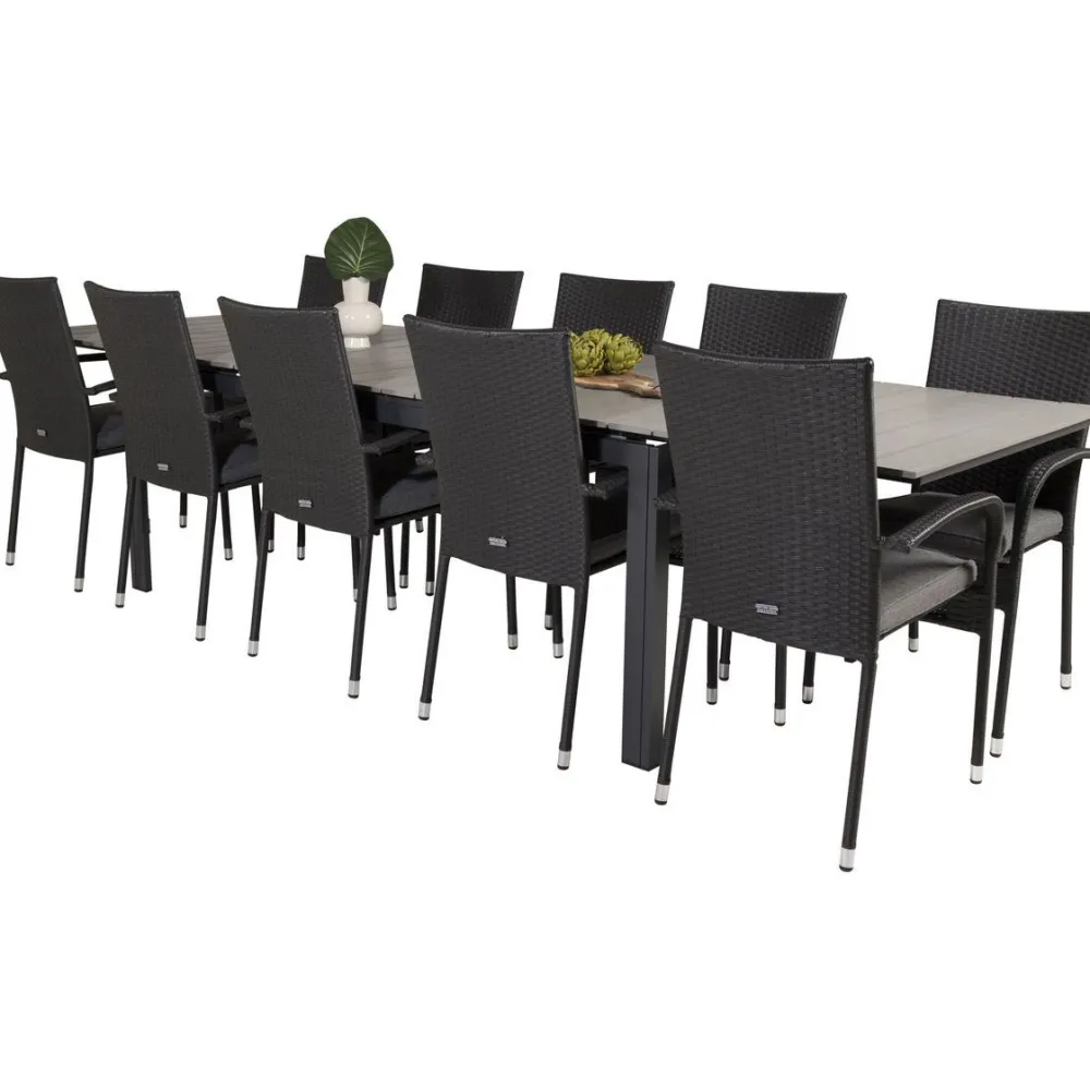 Best Venture Home Ruokailuryhmä , 229/310x100cm jatkettava harmaa/musta Levels-pöytä + 10 mustaa Anna-tuolia