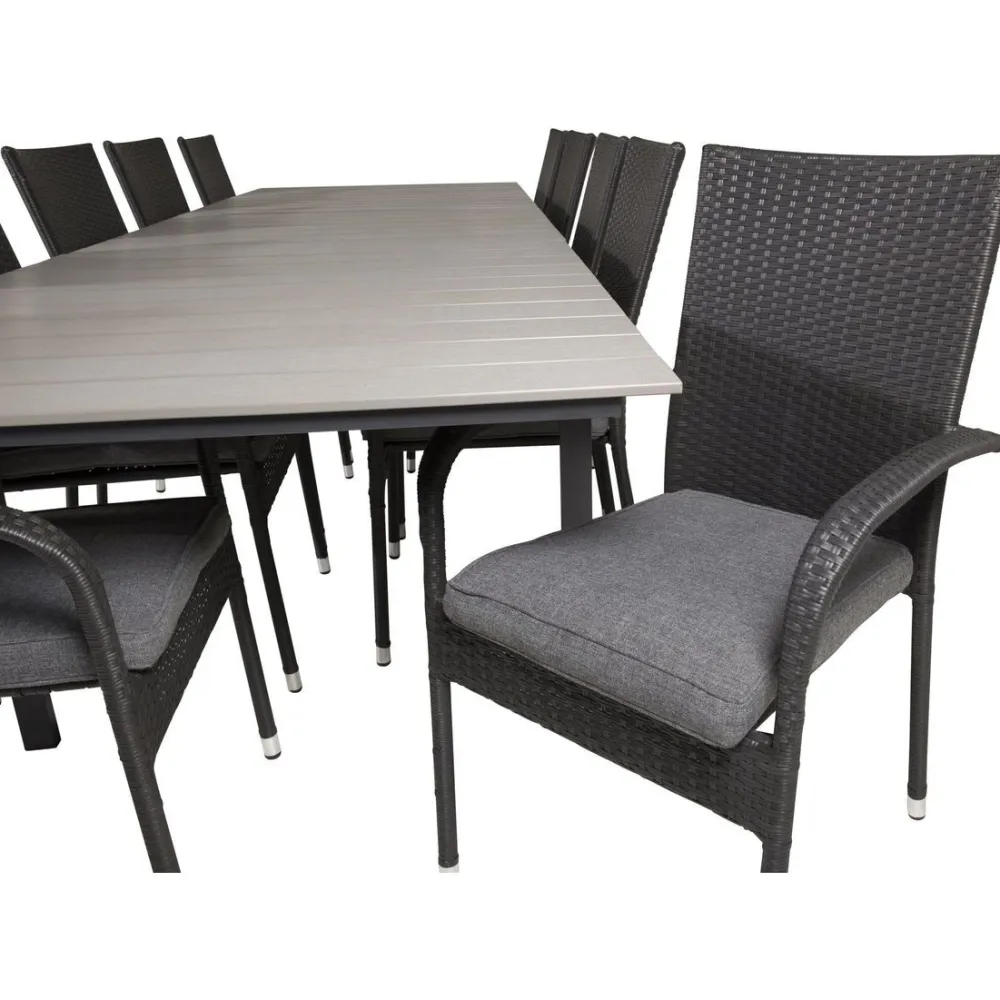 Best Venture Home Ruokailuryhmä , 229/310x100cm jatkettava harmaa/musta Levels-pöytä + 10 mustaa Anna-tuolia