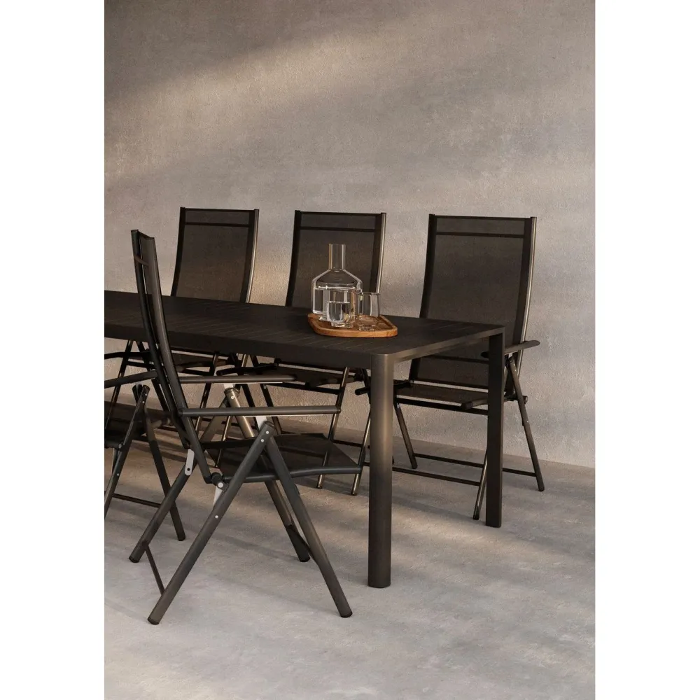 Venture Home Ruokailuryhmä , 200x90cm musta Giardini-pöytä + 6 mustaa Levanzo-tuolia