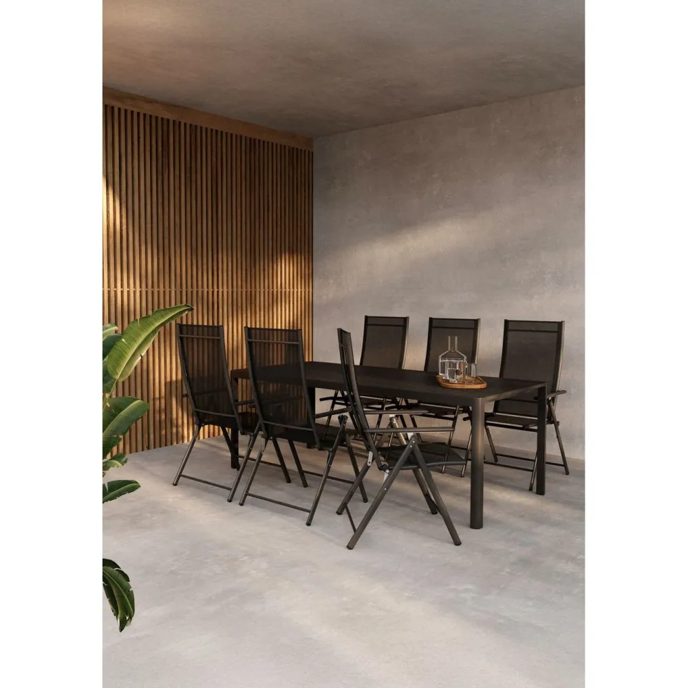 Venture Home Ruokailuryhmä , 200x90cm musta Giardini-pöytä + 6 mustaa Levanzo-tuolia