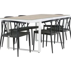 Clearance Venture Home Ruokailuryhmä , 200x90cm, beige/valkoinen Merlo-pöytä + 6 mustaa Stina-tuolia