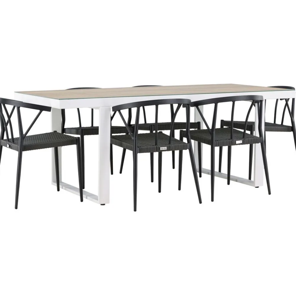 Clearance Venture Home Ruokailuryhmä , 200x90cm, beige/valkoinen Merlo-pöytä + 6 mustaa Stina-tuolia