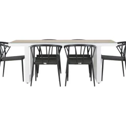 Clearance Venture Home Ruokailuryhmä , 200x90cm, beige/valkoinen Merlo-pöytä + 6 mustaa Stina-tuolia