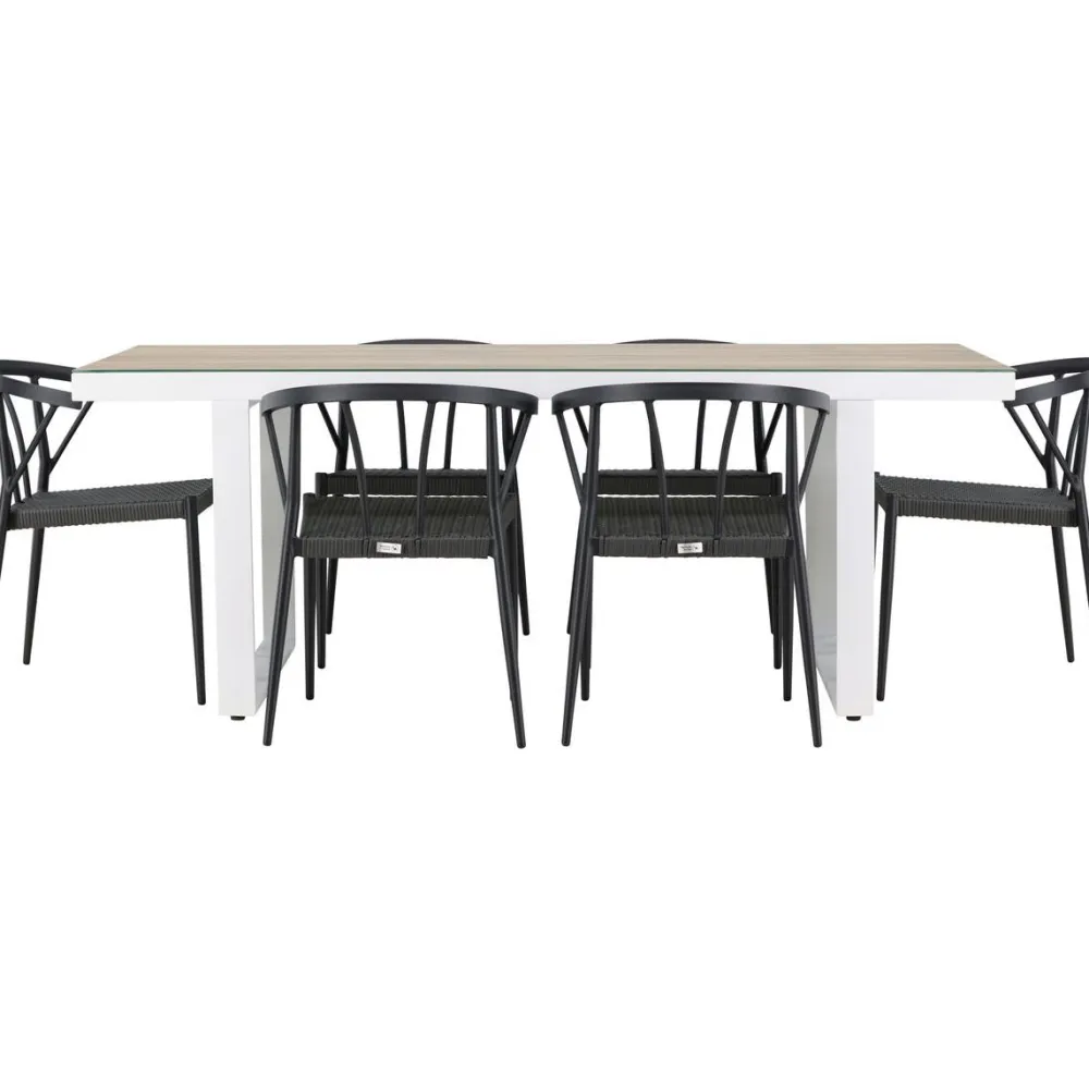 Clearance Venture Home Ruokailuryhmä , 200x90cm, beige/valkoinen Merlo-pöytä + 6 mustaa Stina-tuolia