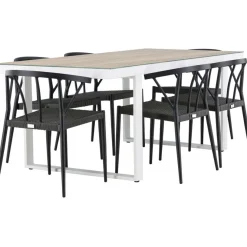 Clearance Venture Home Ruokailuryhmä , 200x90cm, beige/valkoinen Merlo-pöytä + 6 mustaa Stina-tuolia