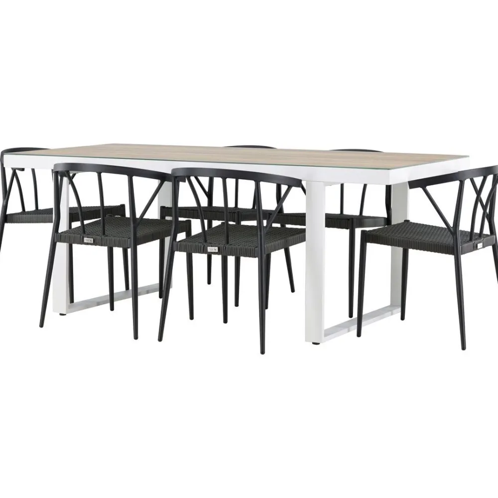 Clearance Venture Home Ruokailuryhmä , 200x90cm, beige/valkoinen Merlo-pöytä + 6 mustaa Stina-tuolia