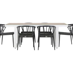 Clearance Venture Home Ruokailuryhmä , 200x90cm, beige/valkoinen Merlo-pöytä + 6 mustaa Stina-tuolia
