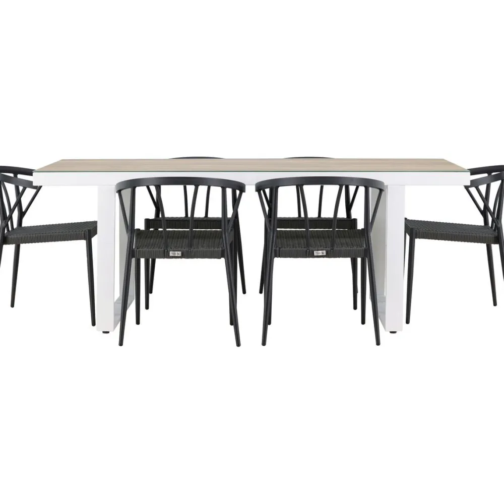 Clearance Venture Home Ruokailuryhmä , 200x90cm, beige/valkoinen Merlo-pöytä + 6 mustaa Stina-tuolia