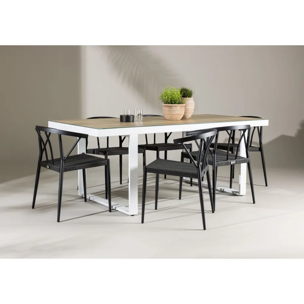 Clearance Venture Home Ruokailuryhmä , 200x90cm, beige/valkoinen Merlo-pöytä + 6 mustaa Stina-tuolia