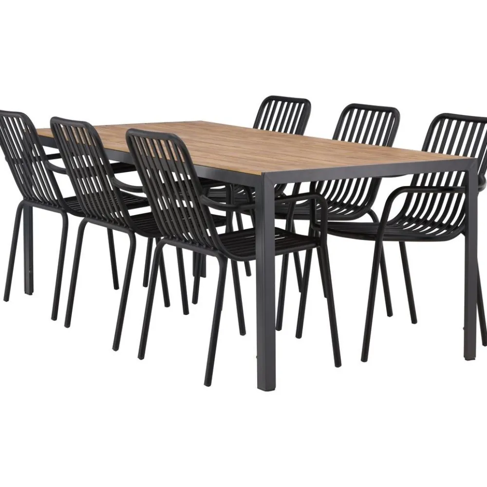Online Venture Home Ruokailuryhmä , 200x90cm ruskea/musta Break-pöytä + 6 mustaa Peking-tuolia