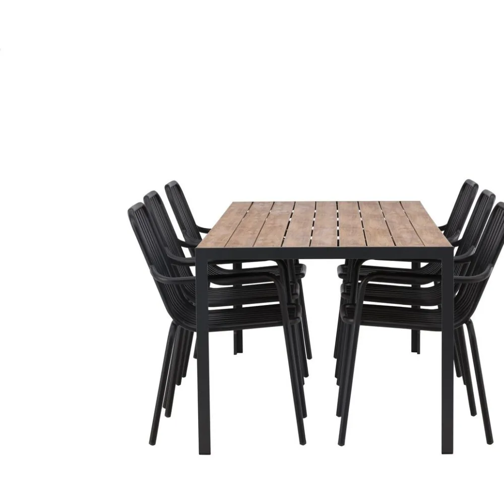 Online Venture Home Ruokailuryhmä , 200x90cm ruskea/musta Break-pöytä + 6 mustaa Peking-tuolia