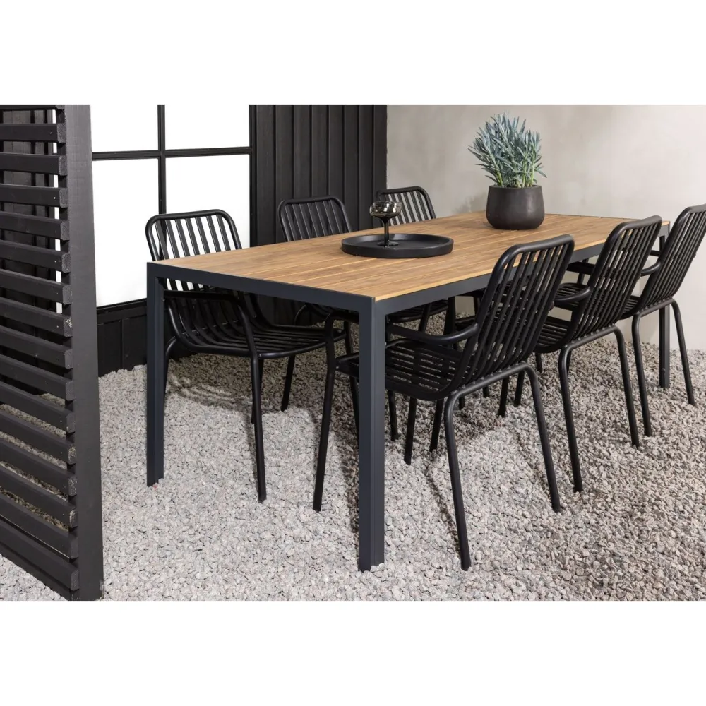 Online Venture Home Ruokailuryhmä , 200x90cm ruskea/musta Break-pöytä + 6 mustaa Peking-tuolia