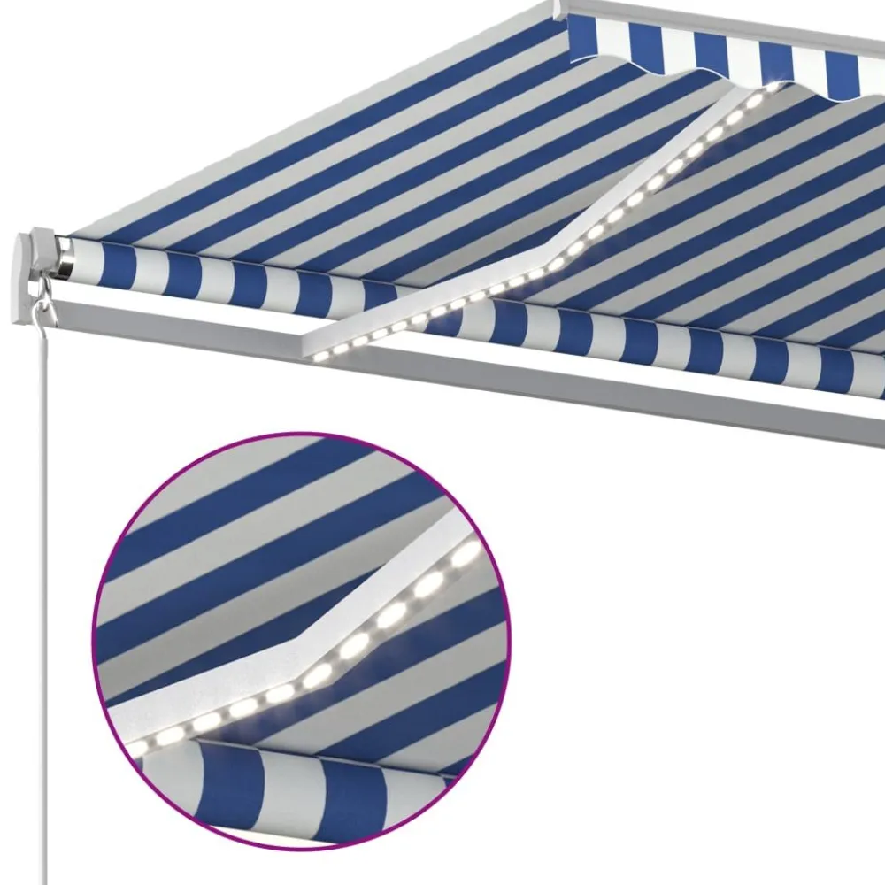 FinePRICE Sisäänkelattava markiisi 2 LEDillä 300x250cm sininen/valkoinen