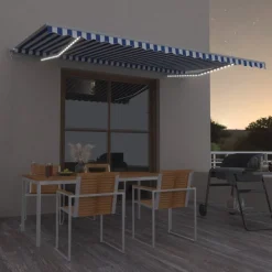 FinePRICE Sisäänkelattava markiisi 2 LEDillä 300x250cm sininen/valkoinen