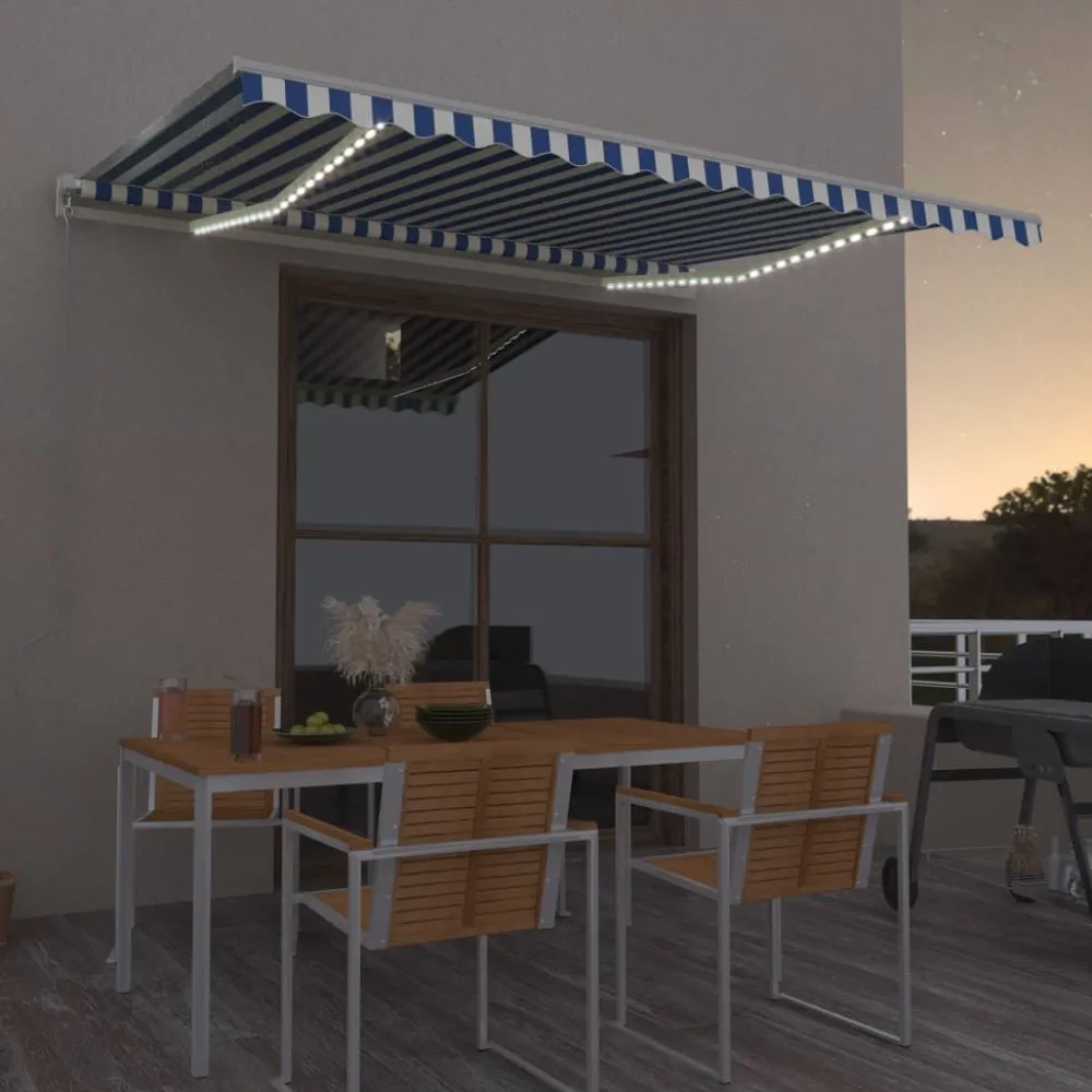 FinePRICE Sisäänkelattava markiisi 2 LEDillä 300x250cm sininen/valkoinen