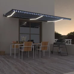 Outlet FinePRICE Sisäänkelattava markiisi 2 LED/tuulisensori 300x250 cm sininen/valkoinen