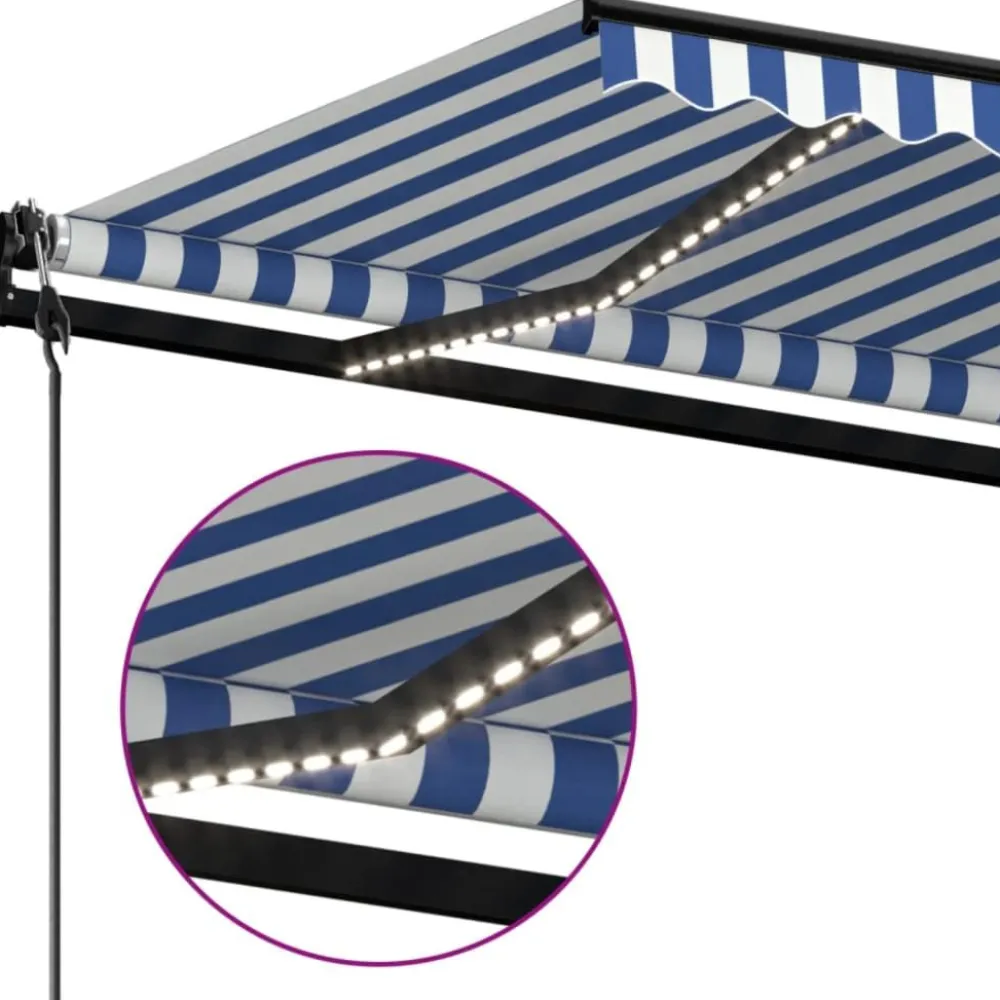 Outlet FinePRICE Sisäänkelattava markiisi 2 LED/tuulisensori 300x250 cm sininen/valkoinen