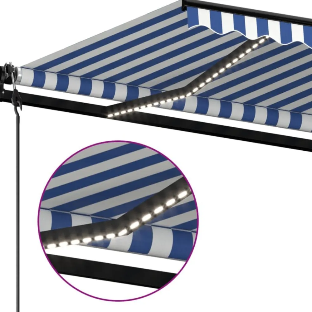 Outlet FinePRICE Sisäänkelattava markiisi 2 LED/tuulisensori 300x250 cm sininen/valkoinen