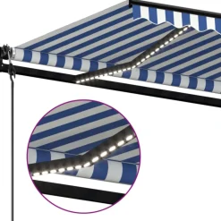 Outlet FinePRICE Sisäänkelattava markiisi 2 LED/tuulisensori 300x250 cm sininen/valkoinen