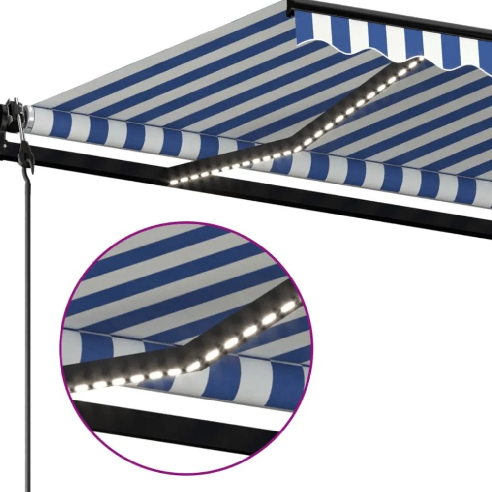 Outlet FinePRICE Sisäänkelattava markiisi 2 LED/tuulisensori 300x250 cm sininen/valkoinen