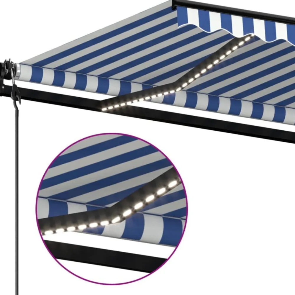 Outlet FinePRICE Sisäänkelattava markiisi 2 LED/tuulisensori 300x250 cm sininen/valkoinen