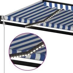 Outlet FinePRICE Sisäänkelattava markiisi 2 LED/tuulisensori 300x250 cm sininen/valkoinen