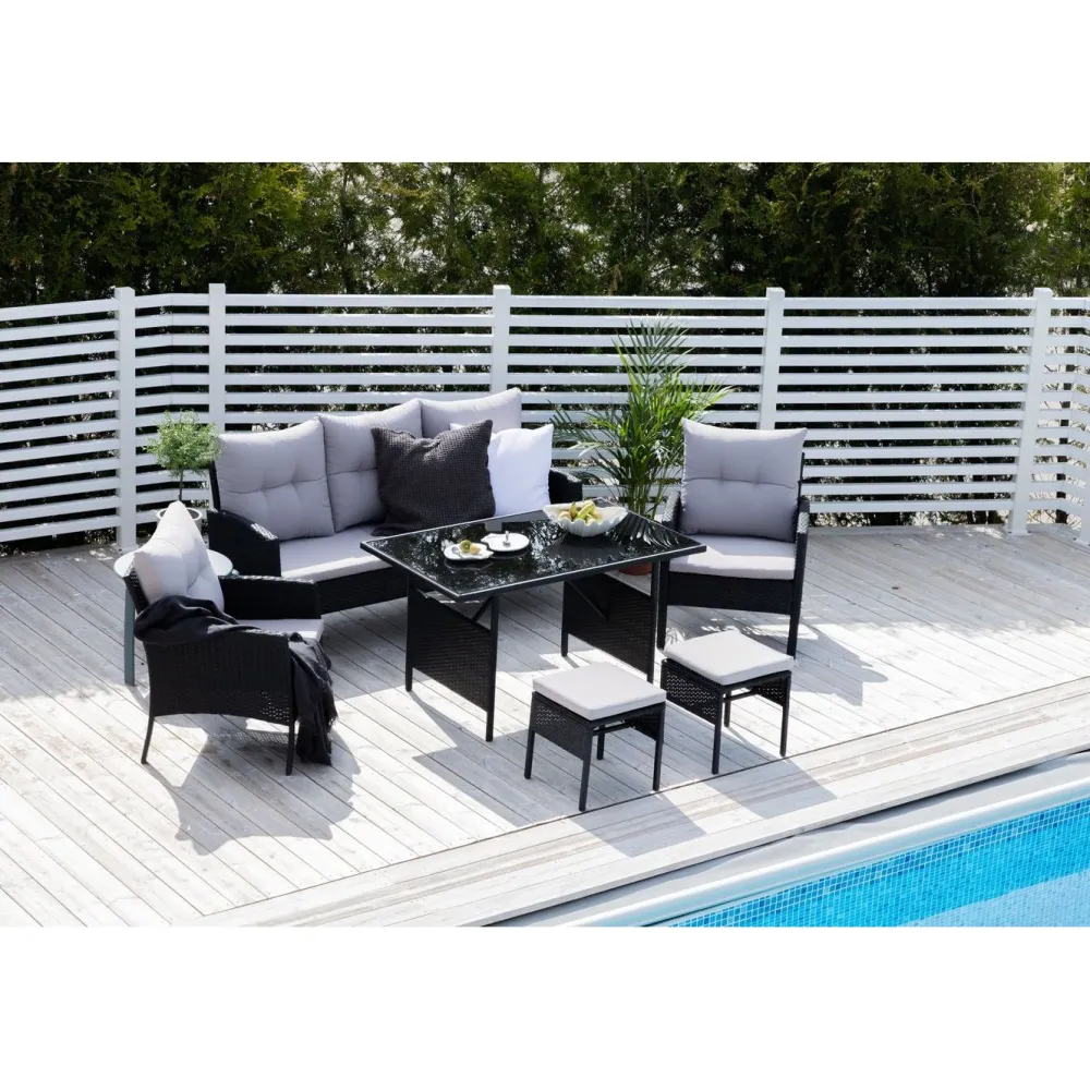 Clearance Venture Home Sohvaryhmä Knock, 3-istuttava sohva + 2 lepotuolia + 2 rahia + ruokapöytä, harmaa/musta