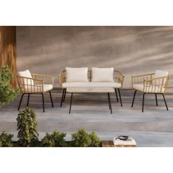 Discount Venture Home Sohvaryhmä Ortigia, 2-istuttava sohva + 2 lepotuolia + sohvapöytä, musta/rottinki