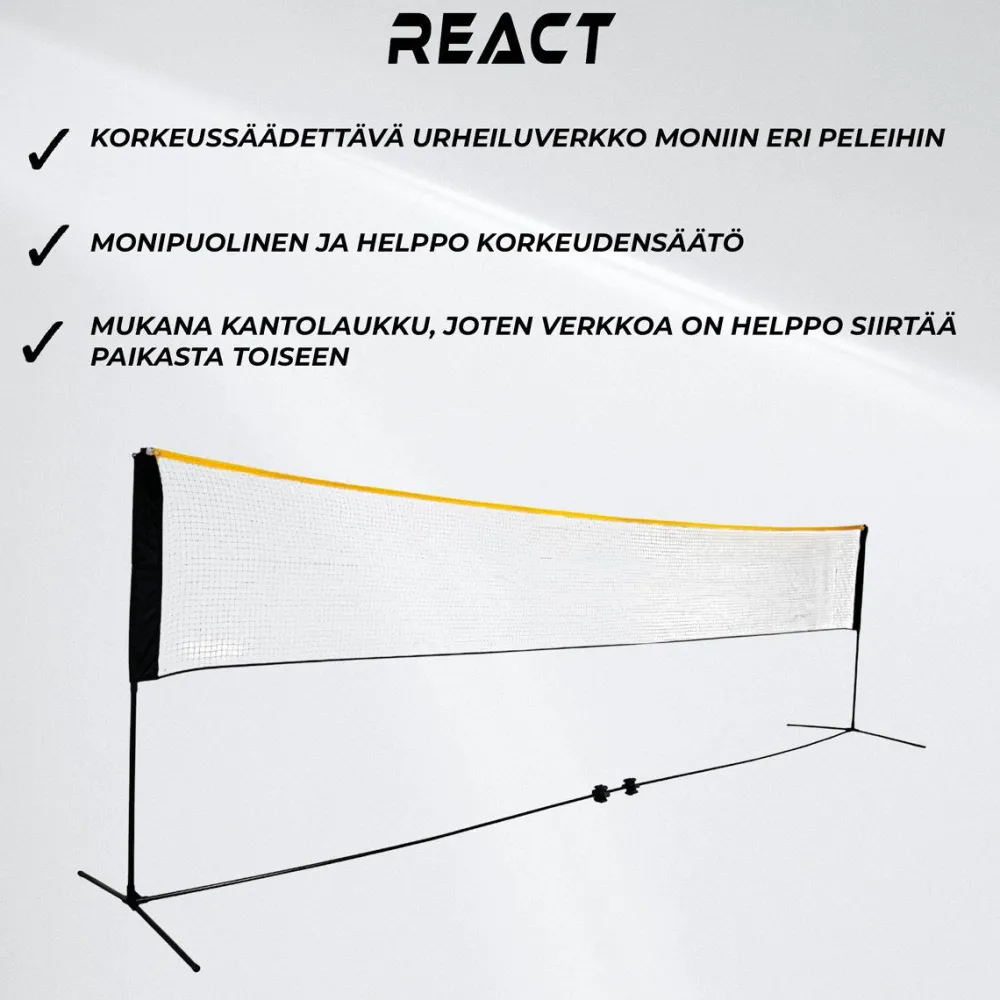 Discount React Sulkapalloverkko Korkeus Säädettävä, sis. kantolaukku ja maakiilat, 500x80 cm