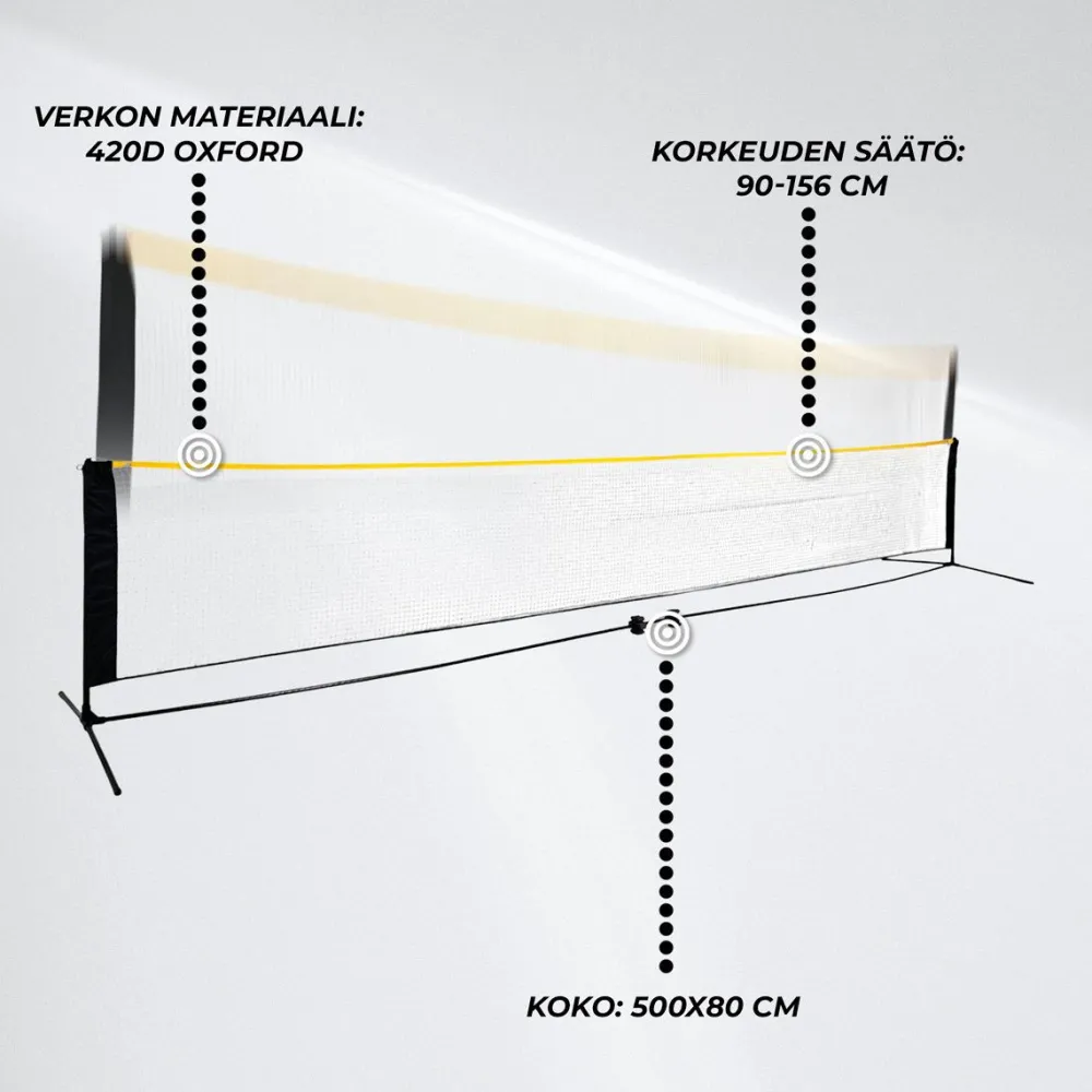 Discount React Sulkapalloverkko Korkeus Säädettävä, sis. kantolaukku ja maakiilat, 500x80 cm
